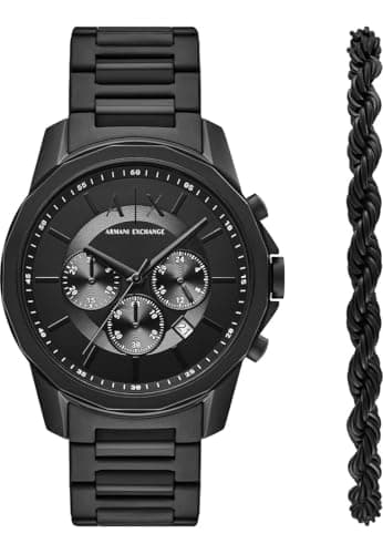 Image of Armani Exchange Watch for Men Automatic Movement and 46mm Case Size with Stainless Steel Leather or Silicone Strap, Graphite and Jet Black