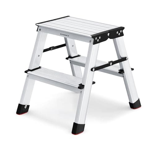Image of Songmics GLT012E01 Aluminium Ladder with 2 Non-Slip Steps, Foldable, Multi-Purpose Ladder, Maximum Load 150 kg, Silver Grey/Ink Black