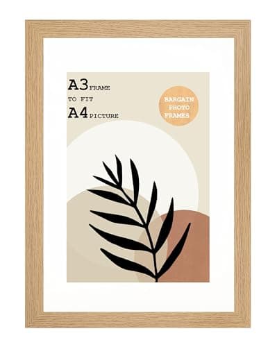 Image of A3 Oak Frame With Mount For A4 Print Size (21 x 29.7cm) - A3 Oak Picture Frame With White Mount with Safe Perspex Front & Wall Hanging Hook - Handmade Frames