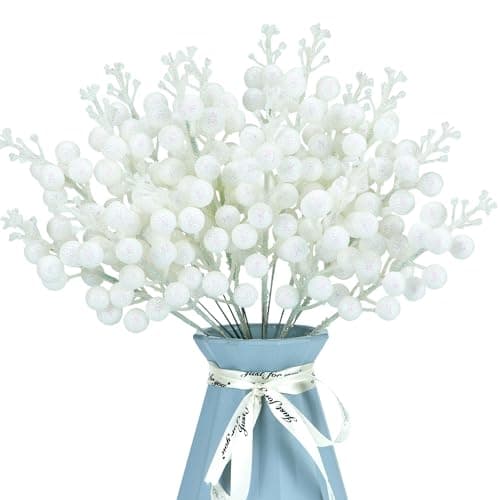 Image of 12 Pcs Christmas Artificial Glitter Berries Stems Christmas Tree Stems with Powder Sequins Christmas Berry Picks Floral Decoration Craft for DIY Xmas Crafts Wreath Garland Home Decor (Shining White)