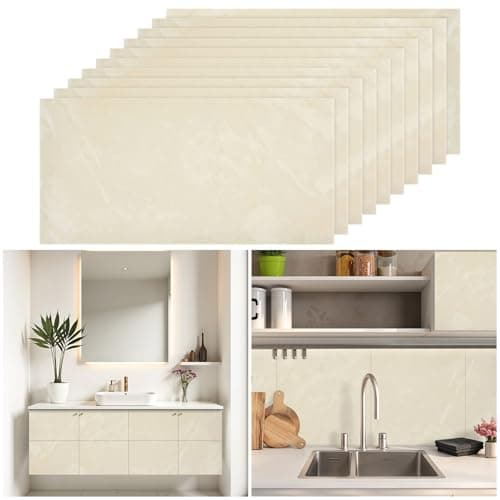 Image of Warmiehomy Marble Tiles 60x30cm 10Pcs Thicken Self Adhesive Wall Tiles Waterproof,Peel and Stick on Vinyl Tiles for Living Room Bedroom Bathroom Kitchen Splashback,Beige White Jade