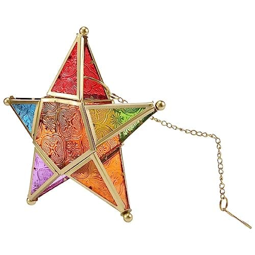 Image of Jdeijfev Multicolour Glass Star Votive Tea Light Candle Holder Hanging Lighting Lantern Wedding Birthday Home Garden Decor