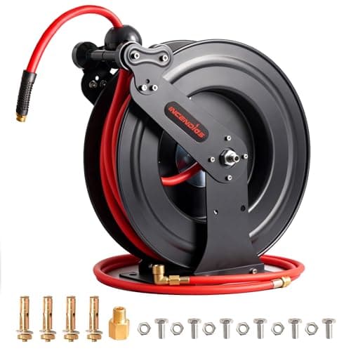 Image of Retractable Air Hose Reel - 9.5mm x 20m Hybrid Polymer Air Compressor Hose Reel, Heavy Duty Steel Dual Arm with 2m Lead-in, Max 20BAR, Professional Grade Wall/Ceiling/Floor Mount