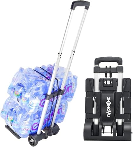 Image of ZHJINGYU 70lbs Folding Hand Truck | Sack Barrow | Aluminium Foldable Trolley | Adjustable Baseplate & Bungee Cords | 2 Wheel | Folds into Backpack for Lifting Luggage Travel Auto
