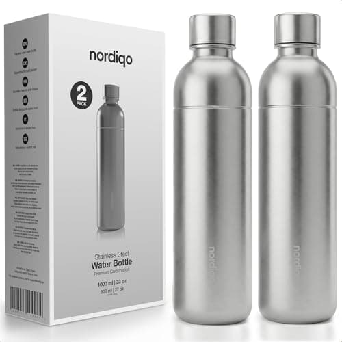 Image of Nordiqo Stainless Steel Carbonating Bottle 1L | Compatible with Aarke Carbonator 3, SodaStream Duo & Plastic Bottles | Not for Crystal & Jet | No Expiry | Plastic-Free | 2x Steel