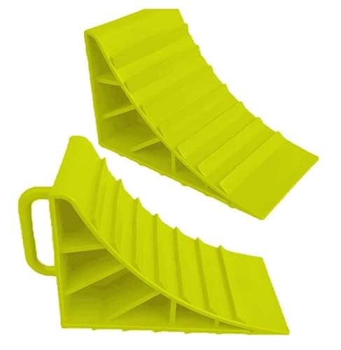Image of HowseHold Wheel Chocks With Handles Set of 2 Tyre Saver Brake Stoppers Ridged Wedges for Cars Caravan Horsebox Motorhome (2 Yellow Wheel Chocks)