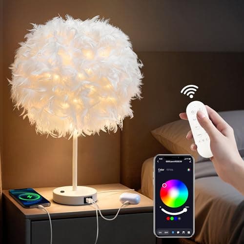 Image of Star Vision Smart Feather Table Lamp, Dimmable E27 LED Bulb Included, Bedside Desk Lamp with USB C & AC Outlet, App & Voice Control, Compatible with Alexa & Google Assistant, White