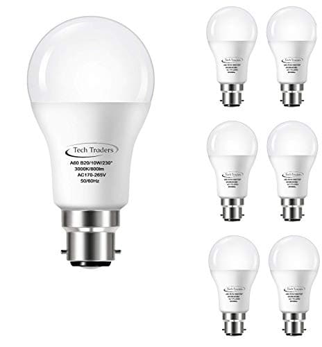 Image of (5 Pack) A60 B22 LED Light Bulb, Tech Traders Bayonet 10W A60 3000K Warm White, Equivalent to 100W, Ultra Bright 800Lm Non-Dimmable (Warm White 3000K)