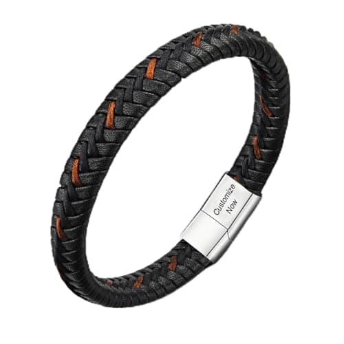 Image of Casisto.J Mens Leather Bracelet – Classic Handmade Braided Black & Brown Cuff Bracelet with Engraved Magnetic Clasp Free Jewelry Gift Boxed (Customized-Black, 21)