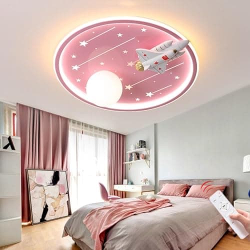 Image of WJCJ LED Ceiling Light Modern 52W Dimmable with remote control Chandelier Acrylic Lampshade rocket design children's room ceiling lamp boys girls bedroom living room lighting Ceiling Luminaire Pink