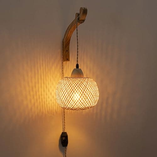 Image of OZBME Retro Rattan Wall Sconce Wood Wall Mount Light with Plug In Cord, Bamboo Lantern Sconces ing Fixture Boho s for Living Room Bedroom Farmhouse Restaurant