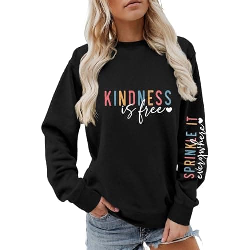 Image of Generisch Women's Sweatshirt with Positive Message, Pullover with 'Kindness is Free' Print, Long Sleeve Shirt with Statement Print on the Sleeve, style_n02 black, XL