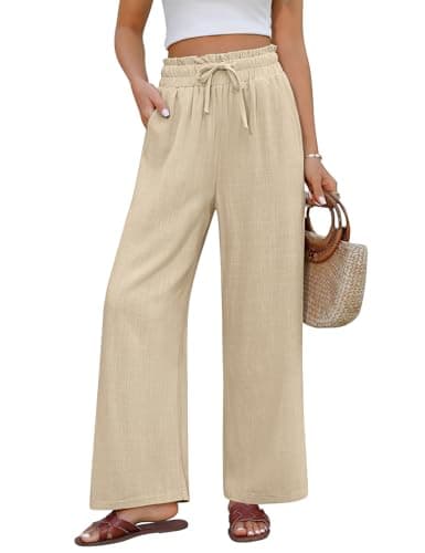Image of PASUDA Women's Khaki Linen Trousers Summer Wide Leg Pants Elasticated High Waist with Drawstring Loose Lounge Pants for Ladies M