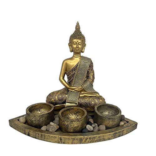 Image of ARTCOS Meditating Buddha with 3 Tealight Candle Holder Base Sitting Zen Buddha Statue for Spiritual Room Décor Buda Sculpture Home Decoration for Peace and Harmony (Antique Gold)