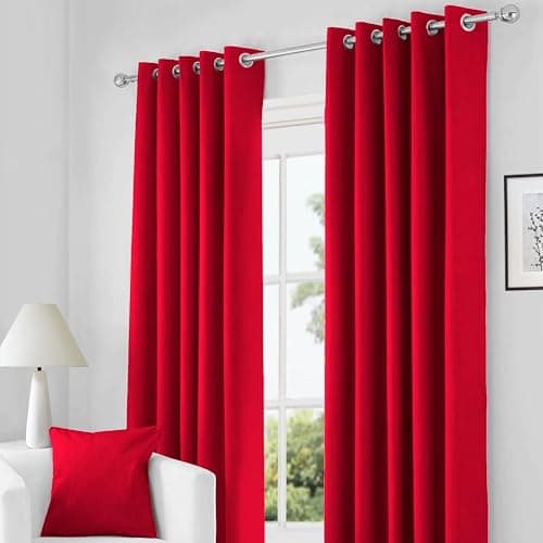 Image of RayyanLinen Readymade Blackout Thermal Eyelet Ring Top Pair of Curtains Including 2 Tiebacks (RED, Width 46" x Drop 54")