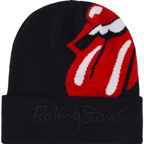 Image of Concept One Unisex's The Rolling Stones Beanie Hat, Winter Knit Cap with Jacquard Lips Logo and Cuff, Black, One Size