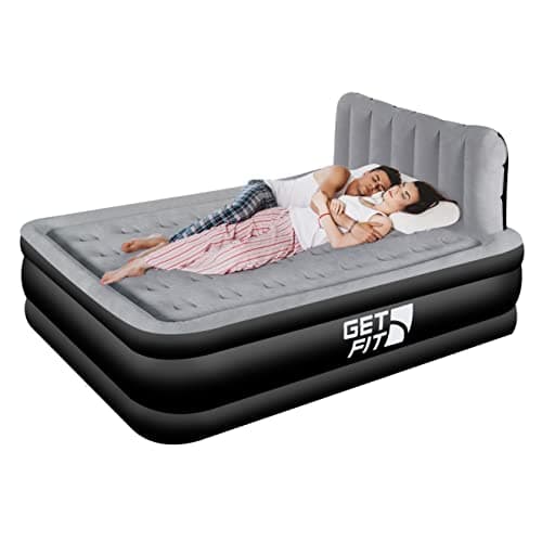 Image of Get Fit Air Bed With Built In Electric Pump - Premium Double Airbed - Quick Blow Up Bed With Headboard & 2 Free Inflatable Pillows - Elevated Inflatable Air Mattress For Outdoor, Camping - Black/Grey