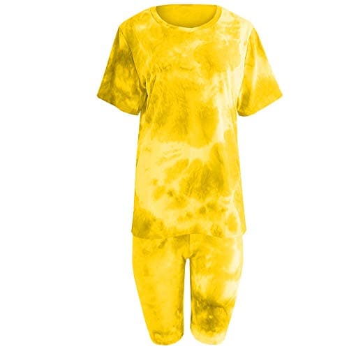 Image of Ladies 2-Piece Tie Dye Printed T-Shirt and Cycling Shorts Gym Casual Workout Yoga Fitness Set Pink Green Yellow White Blue Black Orange Multicoloured 8 10 12 14 (Yellow/White, L/XL (12/14))