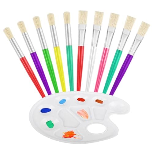 Image of 10 Pcs Kids Paint Brushes, Paint Brush Set, Colorful Childrens Painting Brushes Set with Plastic Handles for Beginners Artist Art Supplies, for Watercolor Oils Acrylic Paints with 1 Color Palette