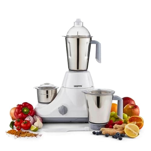 Image of GEEPAS 750W 3-in-1 Mixer Grinder | Stainless Steel Jars & Blades | 3 Speed Control, Perfect for Chutney, Dry & Wet Fine Grinding Mixing | Overload Protection | Powerful Motor | 2 Year Warranty, White