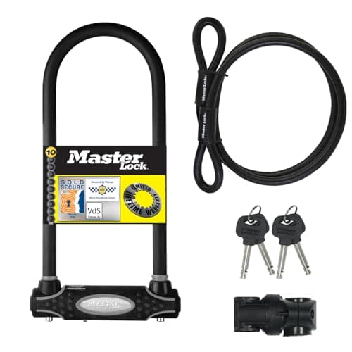 Image of Master Lock Heavy Duty Bike D Lock with Cable, Key, Universal Mounting Bracket, Certified Bike Lock - Police Approved, Long Shackle 8285EURDPRO - Use with Electric, Mountain, Road, Folding Bikes