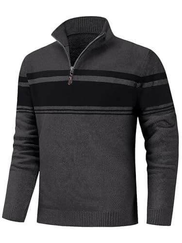 Image of KEFITEVD Mens Mock Turtle Neck Jumper Quarter Zip Pullover Sweater Winter Warm Striped Jumpers Stand Collar Dark Grey Black M