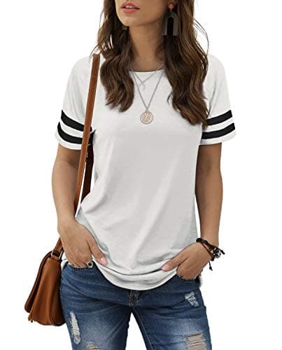 Image of Aokosor Summer Tops for Women Striped Sleeve T Shirts Ladies Side Split Casual Tee White Size 14-16