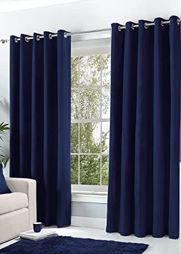 Image of Hachette Thermal Blackout Curtains Eyelet Ring Top Including Pair of Tiebacks (Navy Blue, 66" X 90")
