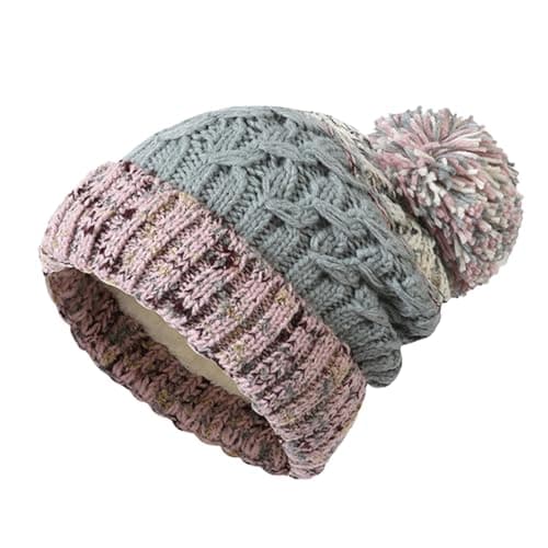 Image of Michear Beanie Hats for Women Bobble Hat Thermal Fleece Lined Winter Hats for Women Woolly Hat Women with Fur Pom Pom Ladies Hats for Skiing Hiking Running (UK, Alpha, One Size, M, Grey-Pink)