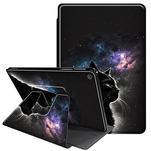 Image of JANENFNA Case for Amazon Kindle Fire 7 Tablet (9th/7th/5th Generation, 2019/2017/2015 Version), 360 Degree Rotating Swivel Stand Case with Auto Sleep/Wake, Black Cat Art Galaxy
