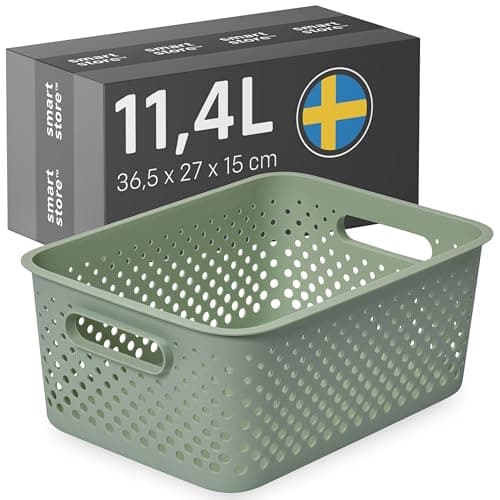Image of SmartStore Storage Basket with Handles in Green 11.4L (36.5x27x15cm) | Plastic Storage Bin from Recycled Plastic | Essence L Storage Box fits A4 paper| Storage with 10-year Warranty