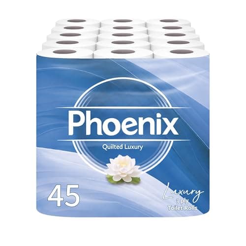 Image of 45 Phoenix Soft Quilted Luxury Toilet Rolls Bulk Buy – Quilted White 3 Ply Toilet Paper - Pack of 45 Toilet Tissue (9 x 5 Packs) 150 Sheets per roll (6,750 Sheets)
