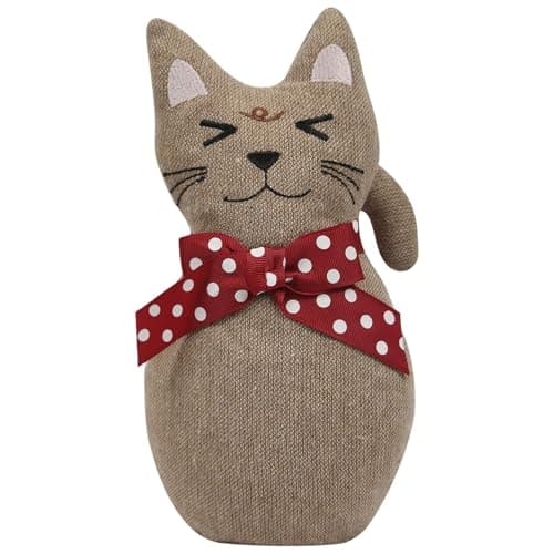 Image of A2Z Weighted Cat Door Stopper Cute Beige Fabric Doorstop with Red Polka Bow 1KG Heavy Decorative Door Holder Durable Polyester & Sand Filled Animal Door Stop for Home Bedroom & Living Room