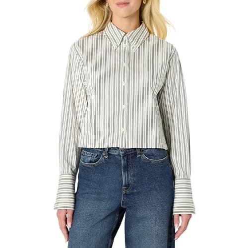 Image of Amazon Essentials Women's Oversized-Fit Cotton Stretch Poplin Button-Down Dress Shirt, Ivory Black Stripes, M