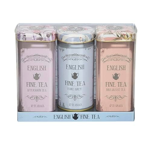 Image of New English Teas Vintage Floral Tea Tin Gift Set with 36 Teabags – 12x English Breakfast, 12x Earl Grey, 12x English Afternoon – Fine British Tea Selection