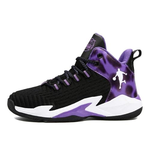 Image of DHOVOR Boys' & Girls' Basketball Shoes - Kid's Basketball Trainers - Anti Slip Sports Sneakers - Purple, Size 3.5 UK
