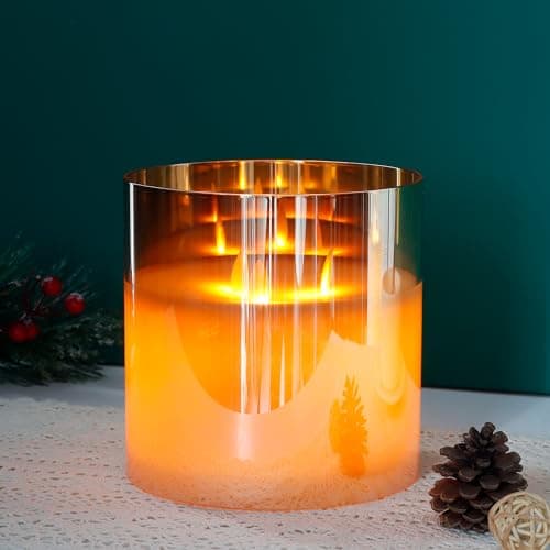 Image of JHY DESIGN Large Moving 3 Wicks 15cm Dia Battery Powered Candle Simulation 3D Glass LED Flameless Tea Lights with 6-Hour Timer Function for Party Christmas Wedding Living Room Table Bar(Gold)