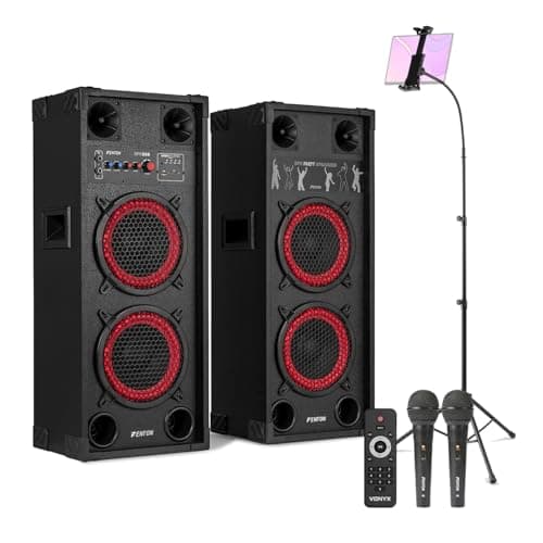 Image of Fenton SPK-208 Complete Karaoke Machine Set - 800W Bluetooth Active Speakers with Dual Wired Microphones & Adjustable Tablet Tripod Stand for Singing & DJ Parties at Home