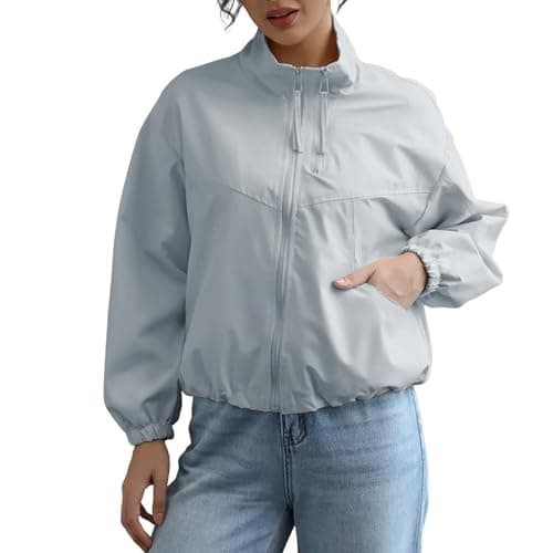 Image of Womens Waterproof Rain Jacket Lightweight Packable Full Zip Rain Coats Outdoor Hiking Cropped Windproof Windbreaker for Ladies(Light Blue, M) vestes de randonnée Femme