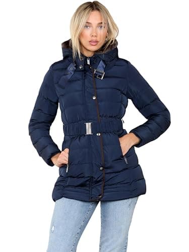 Image of kraftd Women Winter Puffer Jacket Hooded Belted Quilted Short Coat Faux Fur Warm Ladies Parka Womens Winter Outerwear (Navy, 10)