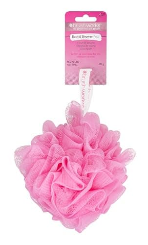 Image of Brushworks Bath & Shower Pouf (70g) – Pink Soft Mesh Exfoliating Body Scrubber for Gentle Cleansing & Smoother Skin, Large Luxury Shower Puff for Women, Durable Shower Ball, Vegan & Cruelty-Free