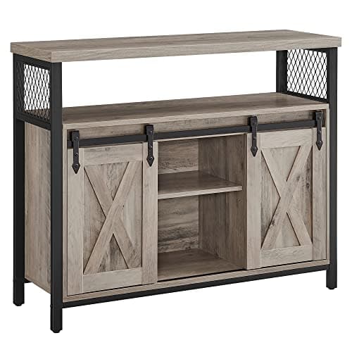 Image of VASAGLE Sideboard, Kitchen Cabinet, Storage Cupboard, with 2 Sliding Barn Doors, 33 x 100 x 80 cm, Adjustable Shelves, for Living Room, Heather Greige and Ink Black LSC092B02