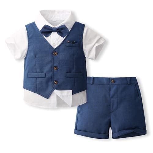 Image of Volunboy 4-Pieces Baby Boys Summer Wedding Suit, Toddler Formal Dress Clothes Outfit, Short Sleeve Vest, Shorts, Shirt Set(12-18 Months,Navy,Tag Size 80)