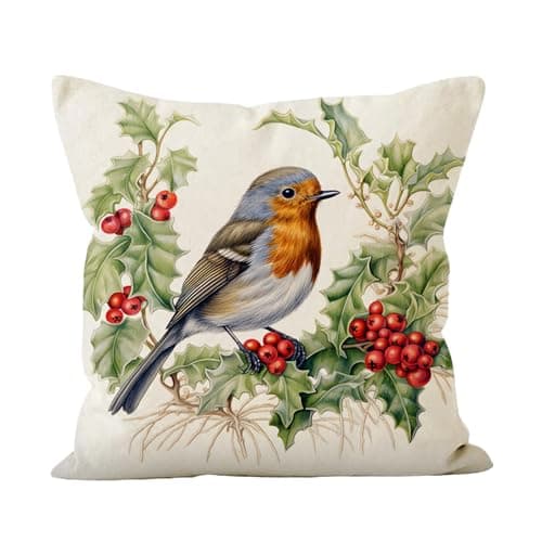 Image of Robin Cushion - Christmas Cushion Covers 45x45, Christmas Robin Decorations,Single Set of Linen Christmas Bird Cushion with Red Fruit and Leaf Print for Holiday Sofa Living Room Decor (No Pillow Core