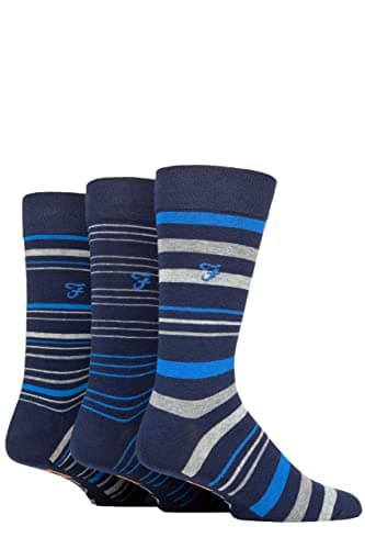 Image of Farah Mens Argyle, Patterned and Striped Cotton Socks Pack of 3 Navy/Blue Stripe 6-11