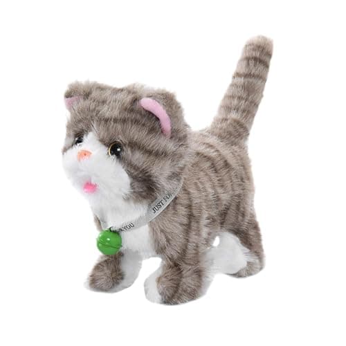 Image of Sharplace Electric Stuffed Walking Cat Plush Toy with Record & Repeat Interactive Meow Kitten, Tail Wagging, Versatile for Child's Gift 7x4x6.7inch Simulation Electronic Pet Toy, Light Gray Stripes