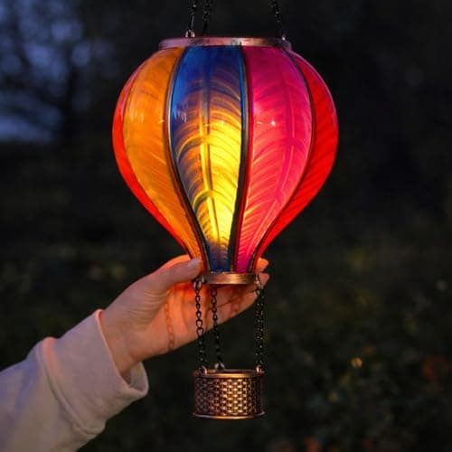 Image of Festive Lights - 62cm Solar Power XL Rainbow Stain Cool Fiesta Realistic Flame Outdoor Hanging SMD LED Hot Air Balloon Lantern - Multicoloured Glass Effect Flaming Garden Light with Handle