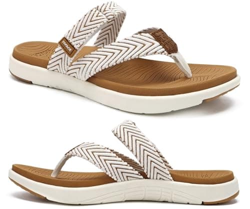 Image of COFACE Womens Orthotic Flip Flops Ladies Slip On Sport Yoga Mat Memory Foam Cushion Recovery Walking Thong Sandals Summer Beach Slippers Comfortable Plantar Fasciitis Arch Support White Khaki Size 8