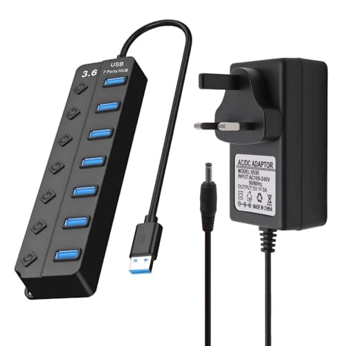 Image of USB 3.0 Hub Powered 7-Port Splitter SuperSpeed Multi USB Hub with 5V3A Power Supply Adapter Individual On/Off Switch and Lights Extension High-Speed Data for Apple Air MacBook Pro Mac Windows