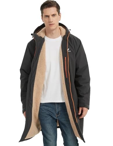 Image of NORDIC OUTLAND Waterproof Winter Coat, Sherpa Lined Hooded Parka, Windproof Change Robe with 7 Pockets, Long Sleeve (UK, Alpha, XL, Regular, Regular, Dark Grey)